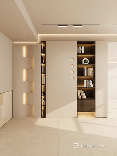 Modern Minimalist Entrance Hallway With Built-in Bookshelves Storage Cabinets And Soft Lighting 3d model 