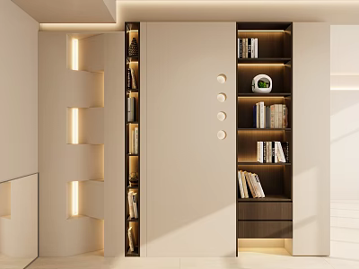 Modern Minimalist Entrance Hallway With Built-in Bookshelves Storage Cabinets And Soft Lighting 3d model
