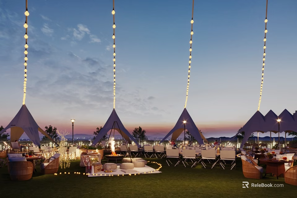 Garden Landscape with Pointed Tents Hanging String Lights Grassy Seating Fire Pit and Sunset Sky 3d model 