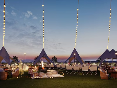 Garden Landscape with Pointed Tents Hanging String Lights Grassy Seating Fire Pit and Sunset Sky 3d model