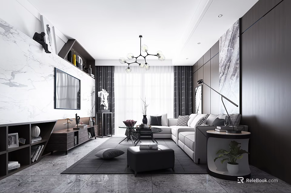 Modern Living Room Interior With Gray Sofa TV Chandelier And Decorative Painting 3d model 