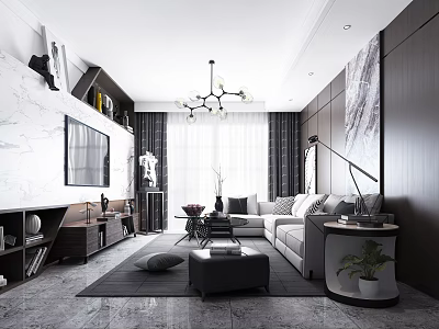 Modern Living Room Interior With Gray Sofa TV Chandelier And Decorative Painting 3d model