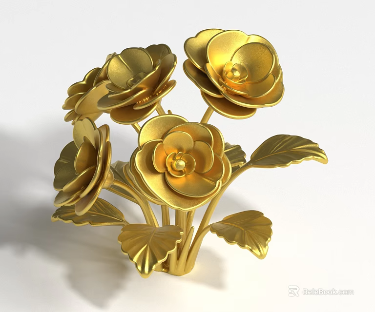 Golden Metallic Flowers with Multiple Petals and Shiny Leaves Decorative Arrangement 3d model 