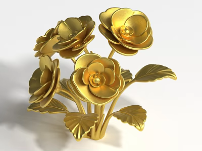 Golden Metallic Flowers with Multiple Petals and Shiny Leaves Decorative Arrangement 3d model