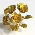 Golden Metallic Flowers with Multiple Petals and Shiny Leaves Decorative Arrangement
