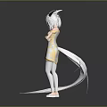 Female Character With White Cat Ears And Long Tail In White Gold Outfit Standing Pose