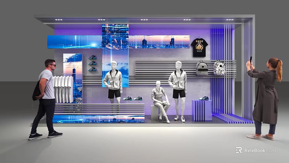 Stylish Clothing Store Display Featuring Mannequins Casual Apparel And Modern Lighting 3d model 
