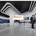 Modern Exhibition Hall Interior With Interactive Digital Screens And Visitors Exploring 3d model