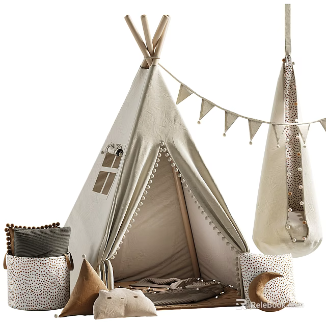 Cozy Kids Beige Tepee Tent With Hanging Bunting Soft Pillows And Hanging Swing 3d model 