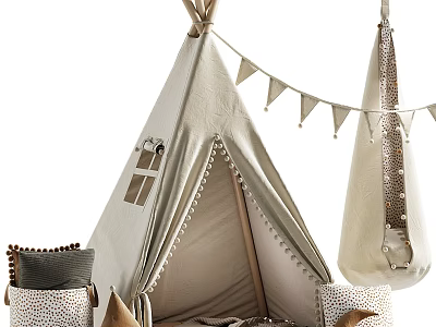 Cozy Kids Beige Tepee Tent With Hanging Bunting Soft Pillows And Hanging Swing 3d model