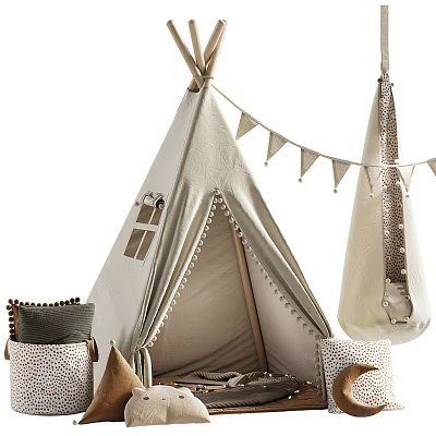 Cozy Kids Beige Tepee Tent With Hanging Bunting Soft Pillows And Hanging Swing 3d model