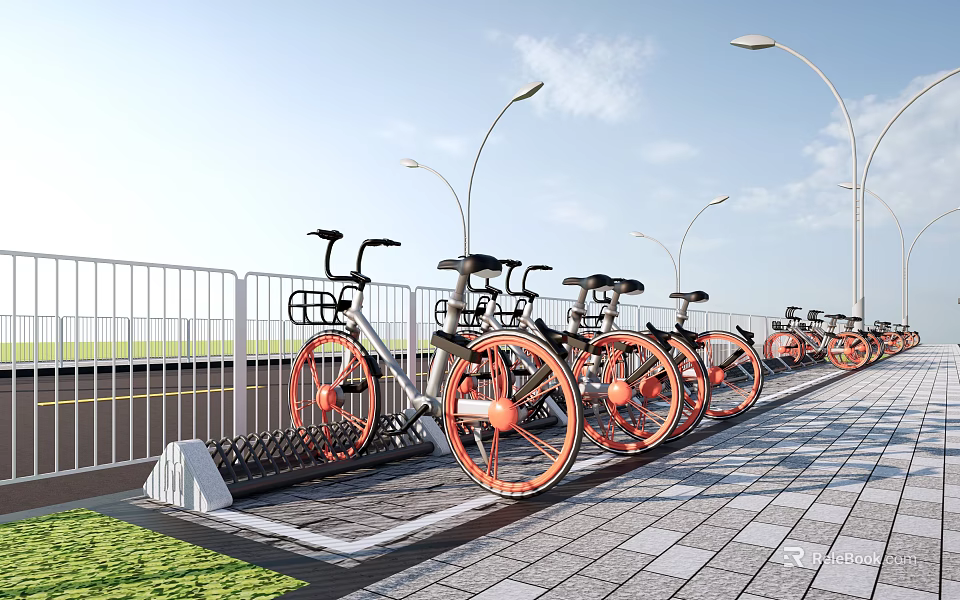 Shared Bikes Parked at Bicycle Rack With Street Lamps and Paved Sidewalk 3d model 