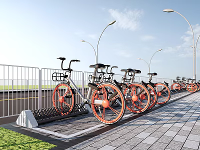 Shared Bikes Parked at Bicycle Rack With Street Lamps and Paved Sidewalk 3d model