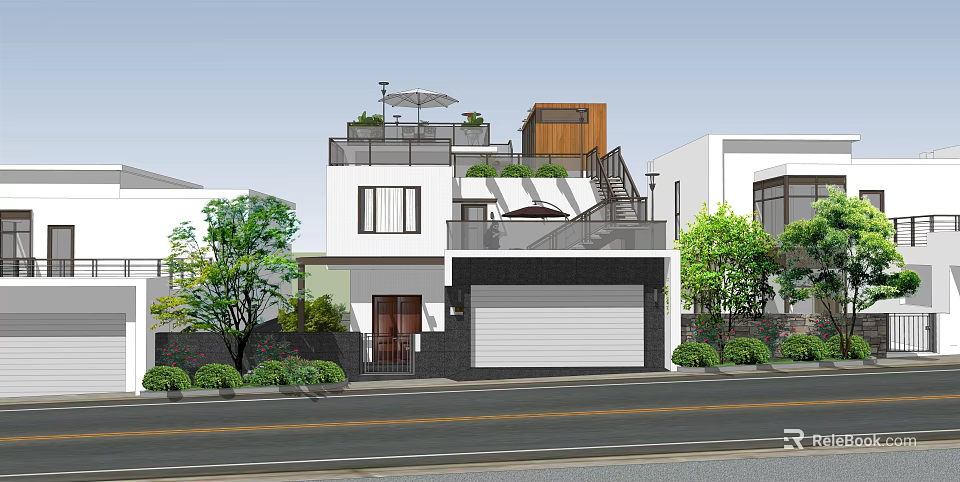 Modern Detached Villa With White Exterior Garage Balcony Staircase And Greenery 3d model 