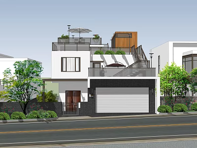Modern Detached Villa With White Exterior Garage Balcony Staircase And Greenery 3d model