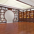 Traditional Chinese Wooden Display Cabinet Featuring Circular Arch Porcelain Tea Sets And Green Plants