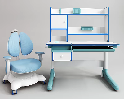 Modern Kids Desk With Blue And White Design Storage Shelves And Ergonomic Chair 3d model