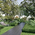 Lush Garden With Colorful Flowers Ferns And Stone Path Surrounded By Trees