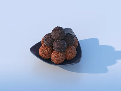 Patterned Spherical Food with Dark and Light Brown Colors Placed on Black Plate 3d model