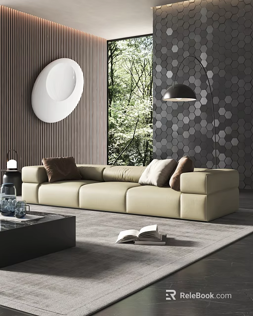 Modern Beige Leather Three Seater Sofa With Decorative Wall Floor Lamp And Greenery 3d model 