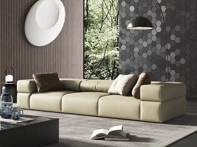 Modern Beige Leather Three Seater Sofa With Decorative Wall Floor Lamp And Greenery 3d model