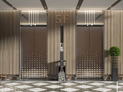 Modern Elevator Lobby With Wooden Walls 5F Sign And Greenery 3d model