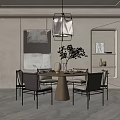 Modern Dining Room Interior With Wooden Table Gray Chairs Hanging Chandelier And Abstract Wall Art