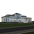 Modern Traditional Office Building Exterior With Large Glass Windows Front Lawn And Entrance