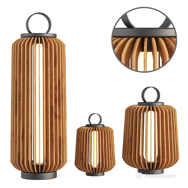 Wooden Lantern Shaped Outdoor Lights With Vertical Stripes Design Different Sizes And Black Top Ring 3d model 