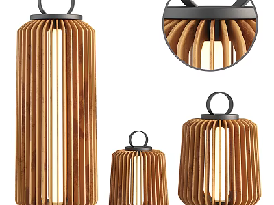 Wooden Lantern Shaped Outdoor Lights With Vertical Stripes Design Different Sizes And Black Top Ring 3d model
