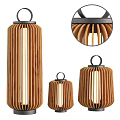 Wooden Lantern Shaped Outdoor Lights With Vertical Stripes Design Different Sizes And Black Top Ring