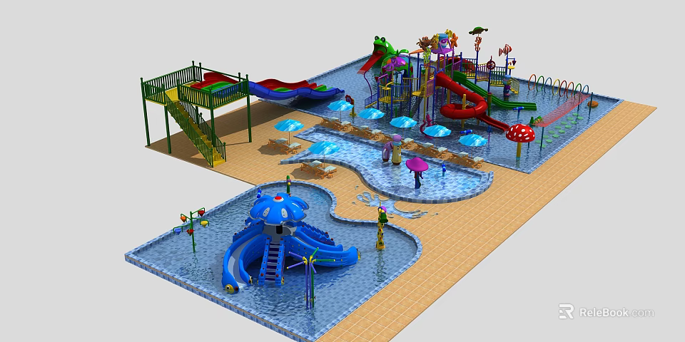 Colorful Water Park Playground Equipment With Slides Mushroom Shaped Structures And Umbrella Shaded Pools 3d model 