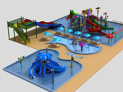 Colorful Water Park Playground Equipment With Slides Mushroom Shaped Structures And Umbrella Shaded Pools 3d model