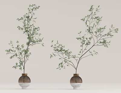 Two Brown And White Spherical Vases With Green Foliage For Home Decoration 3d model
