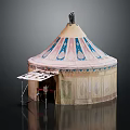 Traditional Tent Shaped Building With Pointed Roof Decorative Patterns And Door Canopy