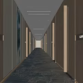 Elegant Modern Hotel Corridor Interior With Patterned Carpet Wooden Doors And Soft Lighting