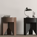 Modern Brown And Black Bedside Tables With Triangular Legs Books Lamp And Vase