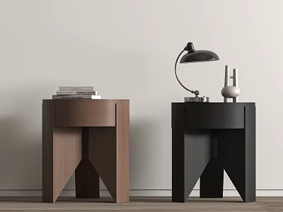 Modern Brown And Black Bedside Tables With Triangular Legs Books Lamp And Vase 3d model