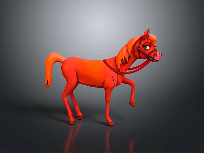 Playful Red Cartoon Horse Character With Orange Mane Red Bridle And Raised Leg 3d model