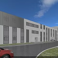 Modern Industrial Factory Building With White Exterior Large Glass Windows And Geometric Design