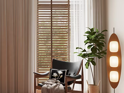 Comfortable Leisure Chair With Wooden Window Blinds Green Plant And Floor Lamp 3d model