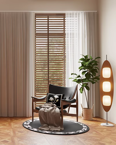 Comfortable Leisure Chair With Wooden Window Blinds Green Plant And Floor Lamp 3d model