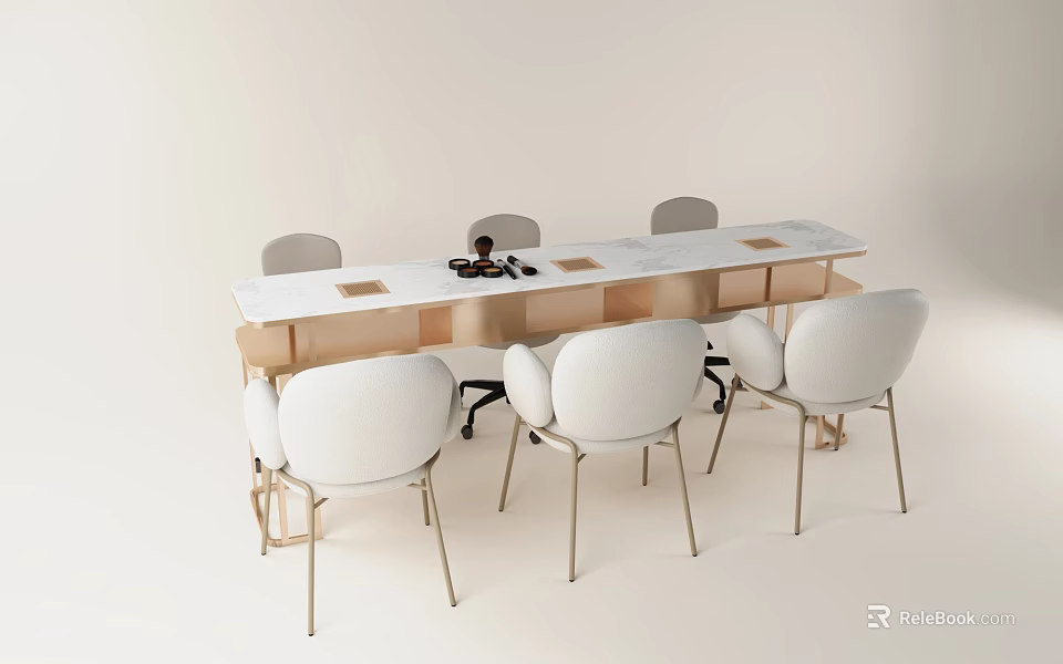 Modern Minimalist Long Table With Six White Chairs And Light Wood Design 3d model 