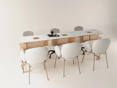 Modern Minimalist Long Table With Six White Chairs And Light Wood Design 3d model