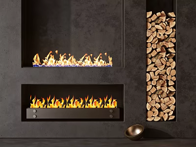 Double Fireplaces With Burning Flames On Dark Wall And Stacked Firewood 3d model