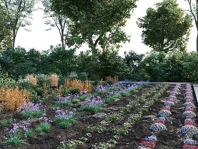Rural Landscape With Neatly Arranged Flower Beds Various Flowers and Lush Trees 3d model