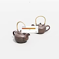 Two Brown Copper Teapots with Bamboo Handles and Textured Surface on White Background 3d model