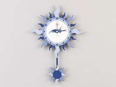 Decorative Sun Shaped Blue And White Wall Clock With Pendulum 3d model