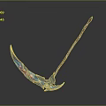 Fantasy Scythe With Blue Blade Red Purple Accents Curved Handle And Glossy Finish