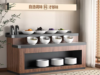 Functional Seasoning Table Featuring Multiple White Bowls And Wooden Storage Countertop 3d model